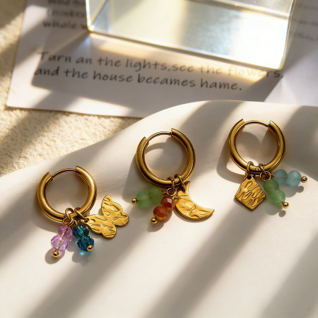 Romantic Series Sweet Butterfly Moon Hammer Pattern Stainless Steel Waterproof   Gold Color  Women's Drop Earrings