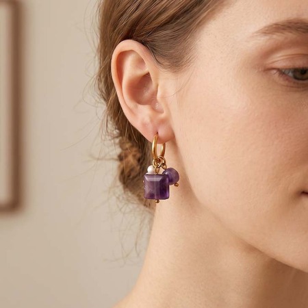 Romantic Series Sweet Beads Rectangle Stainless Steel Waterproof   Gold Color  Natural Stone Women's Drop Earrings