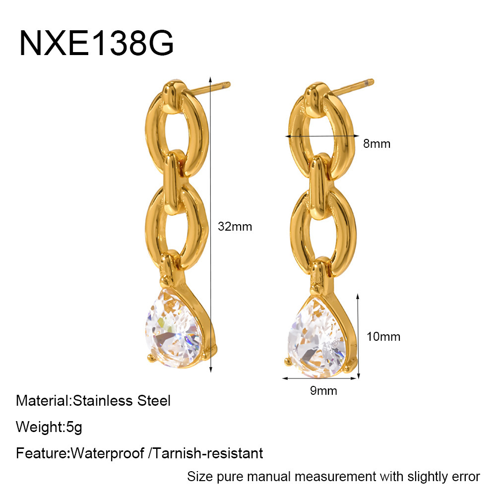 Simple Series Droplet Chain Stainless Steel Waterproof Gold Color Zircon Women's Dangle Earrings