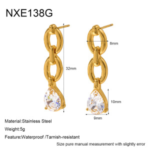 Simple Series Droplet Chain Stainless Steel Waterproof Gold Color Zircon Women's Dangle Earrings h5
