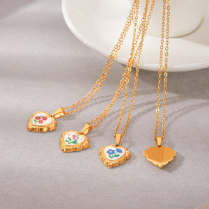 Enamel Flower Heart Stainless Steel Waterproof Gold Color Women's Pendant Necklaces h5 Picture3