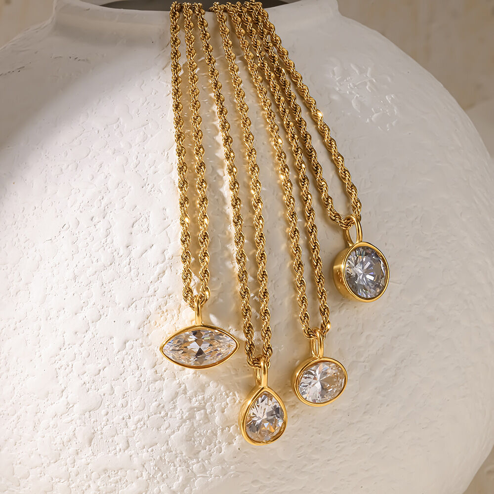 Colliers pendentifs pour femmes en acier inoxydable étanche, forme elliptique et goutte simple, couleur or, zircon 2