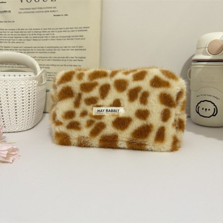 Simple Series Retro Solid Color Leopard Print Imitation Fur Makeup Bags 2