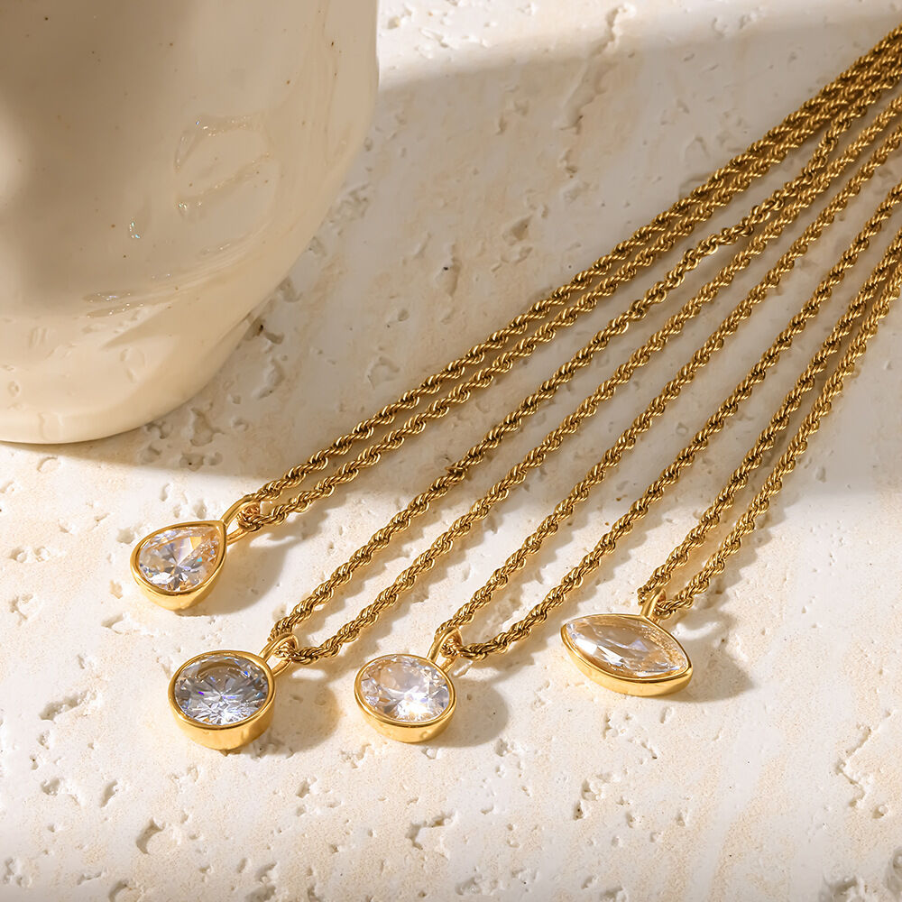 Simple Droplet Ellipse Shape Stainless Steel Waterproof Gold Color Zircon Women's Pendant Necklaces h5Picture3