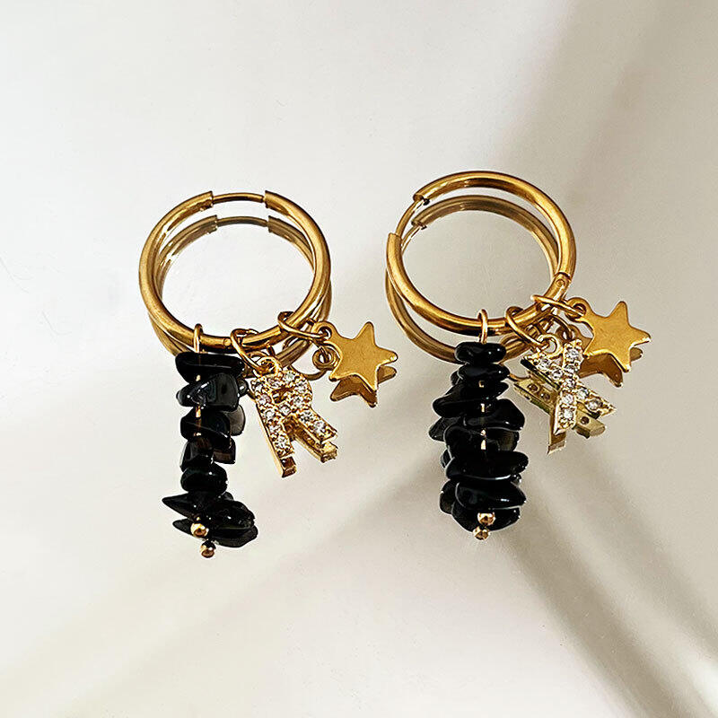 Boucles D'Oreilles Créoles Élégantes Pour Femme, Collection Romantique, Avec Perles En Forme D'Étoile Et Lettres, En Acier Inoxydable Étanche, Couleur Or Et Pierre Naturelle. 