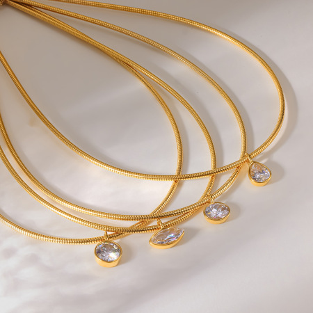 Simple Series Daily Droplet Ellipse Shape Stainless Steel Waterproof Gold Color Zircon Women's Chokers 2