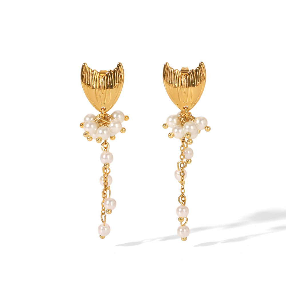 Simple Series Daily Tassel Fish Stainless Steel Waterproof Gold Color Artificial Pearl Women's Stud Earrings h5Picture7