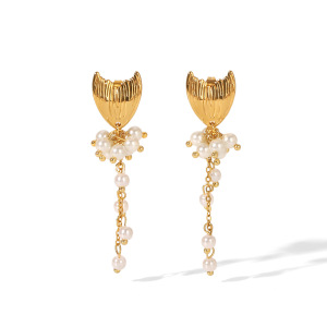 Simple Series Daily Tassel Fish Stainless Steel Waterproof Gold Color Artificial Pearl Women's Stud Earrings h5 Picture7
