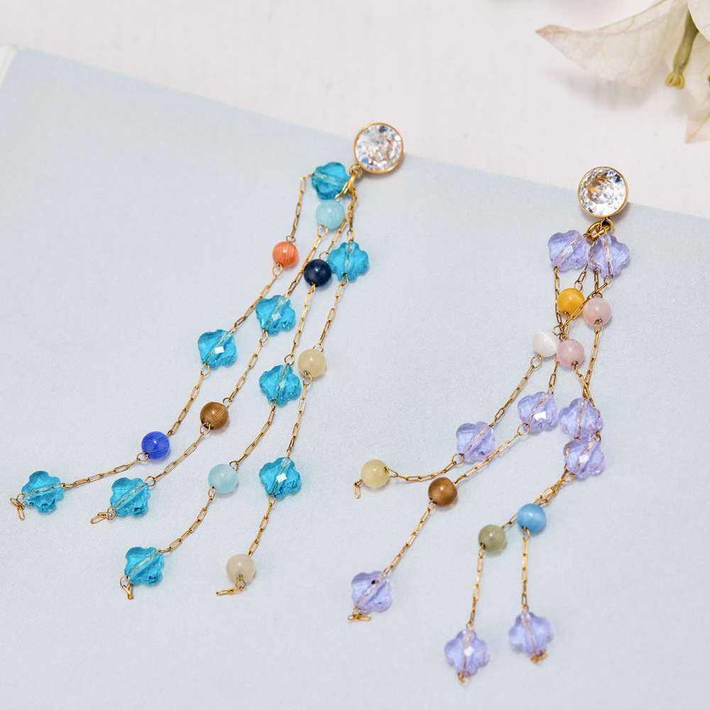 Romantic Series Elegant Tassel Crystal Beads Stainless Steel Waterproof Zircon Women's Dangle Earrings Picture3
