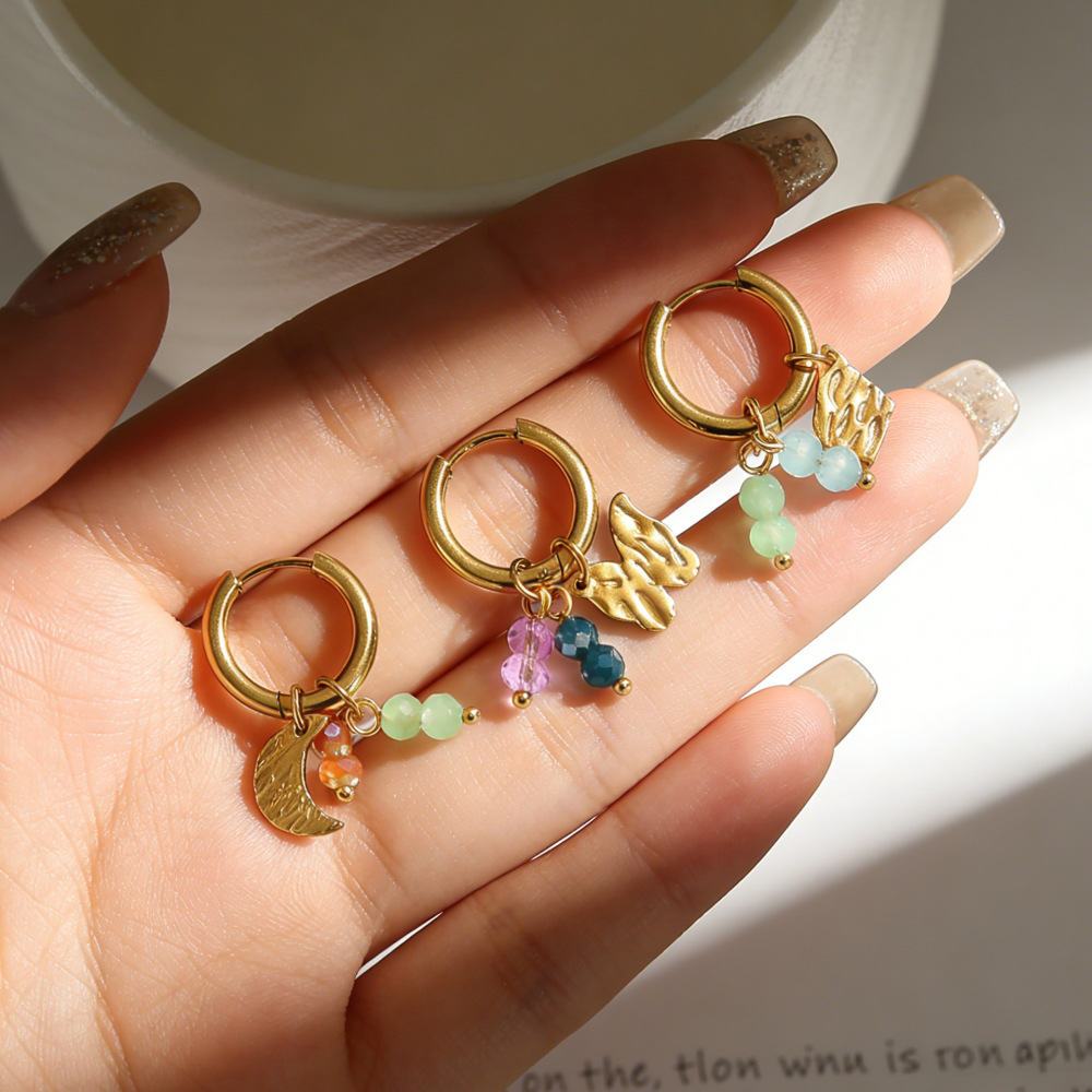 Romantic Series Sweet Butterfly Moon Hammer Pattern Stainless Steel Waterproof   Gold Color  Women's Drop Earrings Picture3