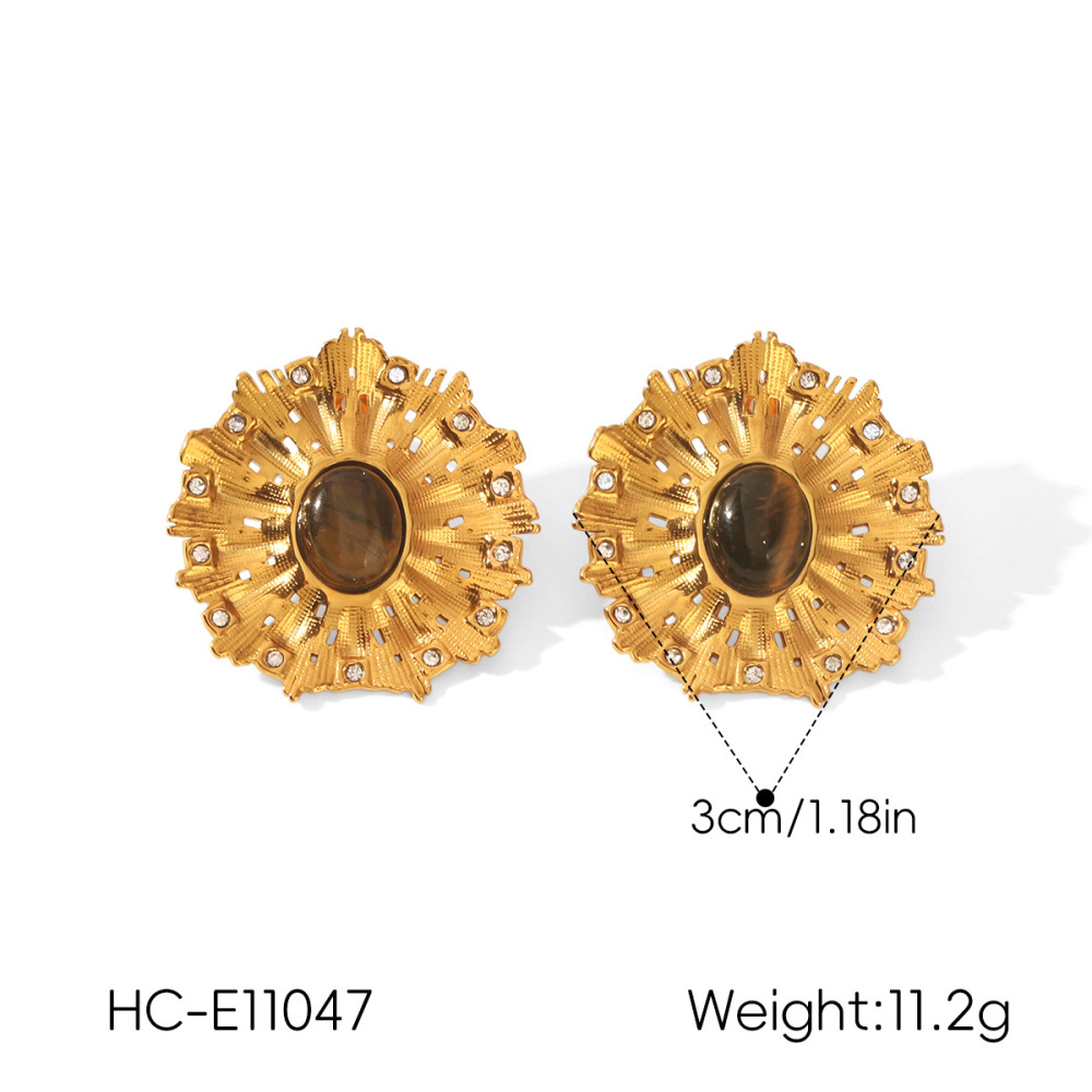 Retro Sun Shape Stainless Steel Waterproof Gold Color Natural Stone Zircon Women's Stud Earrings h5Picture2
