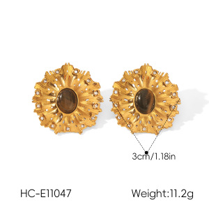 Retro Sun Shape Stainless Steel Waterproof Gold Color Natural Stone Zircon Women's Stud Earrings h5 Picture2