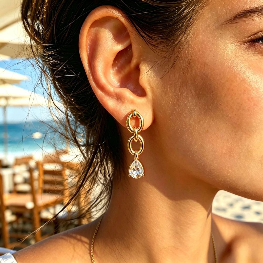 Simple Series Droplet Chain Stainless Steel Waterproof Gold Color Zircon Women's Dangle Earrings h5Picture3