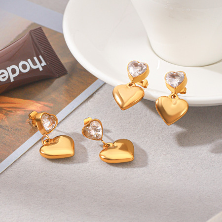 Heart Stainless Steel Waterproof Gold Color Zircon Women's Drop Earrings 2