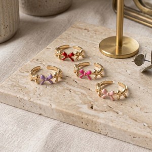 Sweet Enamel Bow Knot Stainless Steel Waterproof Gold Color Statement Rings h5 Picture2
