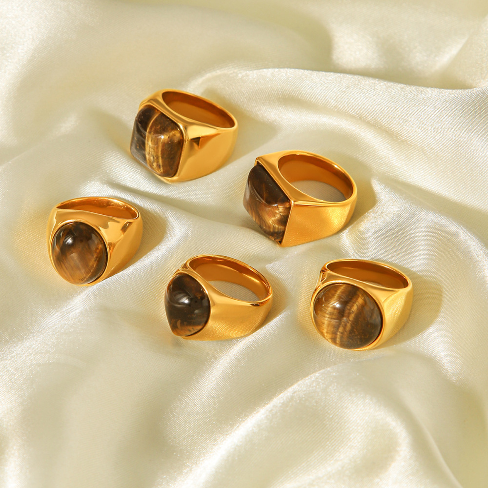 Luxurious Series Daily Droplet Circle Stainless Steel Waterproof Gold Color Natural Stone Women's Gemstone Rings Picture6