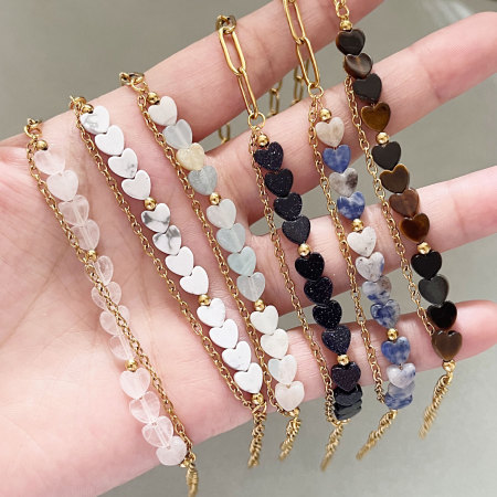 Retro Heart Chain Gradient Color Stainless Steel Waterproof Gold Color Natural Stone Women's Beaded Bracelets 2