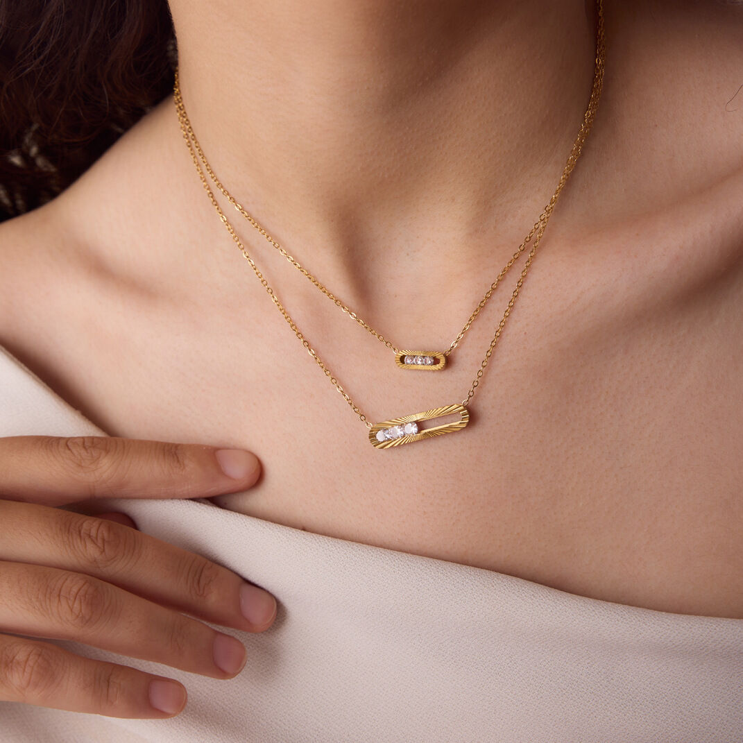 Geometric Shape Stainless Steel Waterproof Gold Color Zircon Women's Pendant Necklaces h5 Picture3