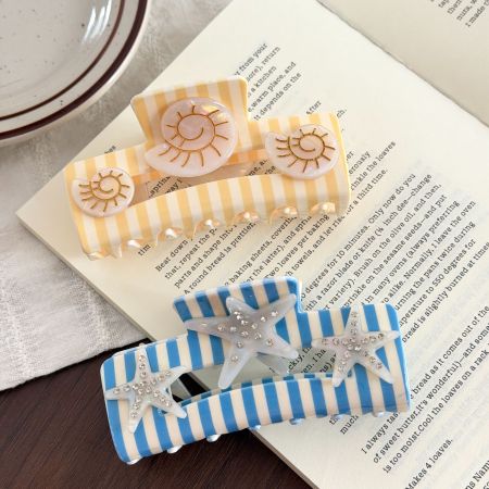 Garras para el cabello de acetato con diamantes de imitación, estilo casual oceánico, rayas, conchas y estrellas de mar, de la serie Simple