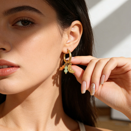 Romantic Series Sweet Butterfly Moon Hammer Pattern Stainless Steel Waterproof   Gold Color  Women's Drop Earrings 2