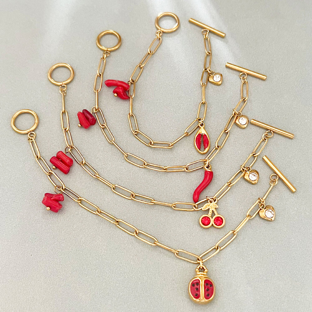 Simple Series Cute Chain Cherry Chili Stainless Steel Waterproof   Gold Color  Women's Charm Bracelets Picture2