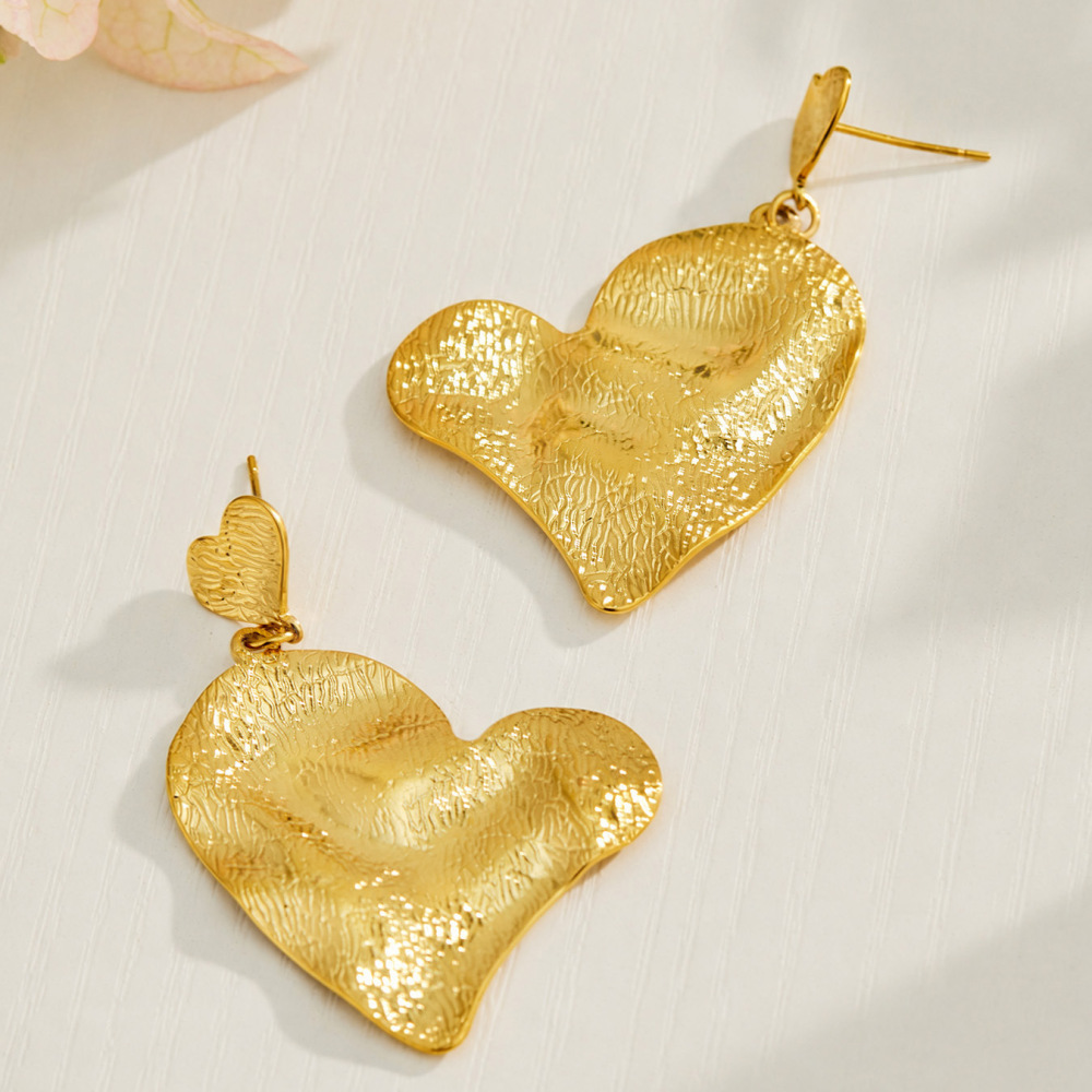 Heart Hammer Pattern Stainless Steel Waterproof Gold Color Women's Drop Earrings Picture5