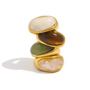 Gradient Color Ellipse Shape Stainless Steel Waterproof Gold Color Statement Rings h5 Picture4