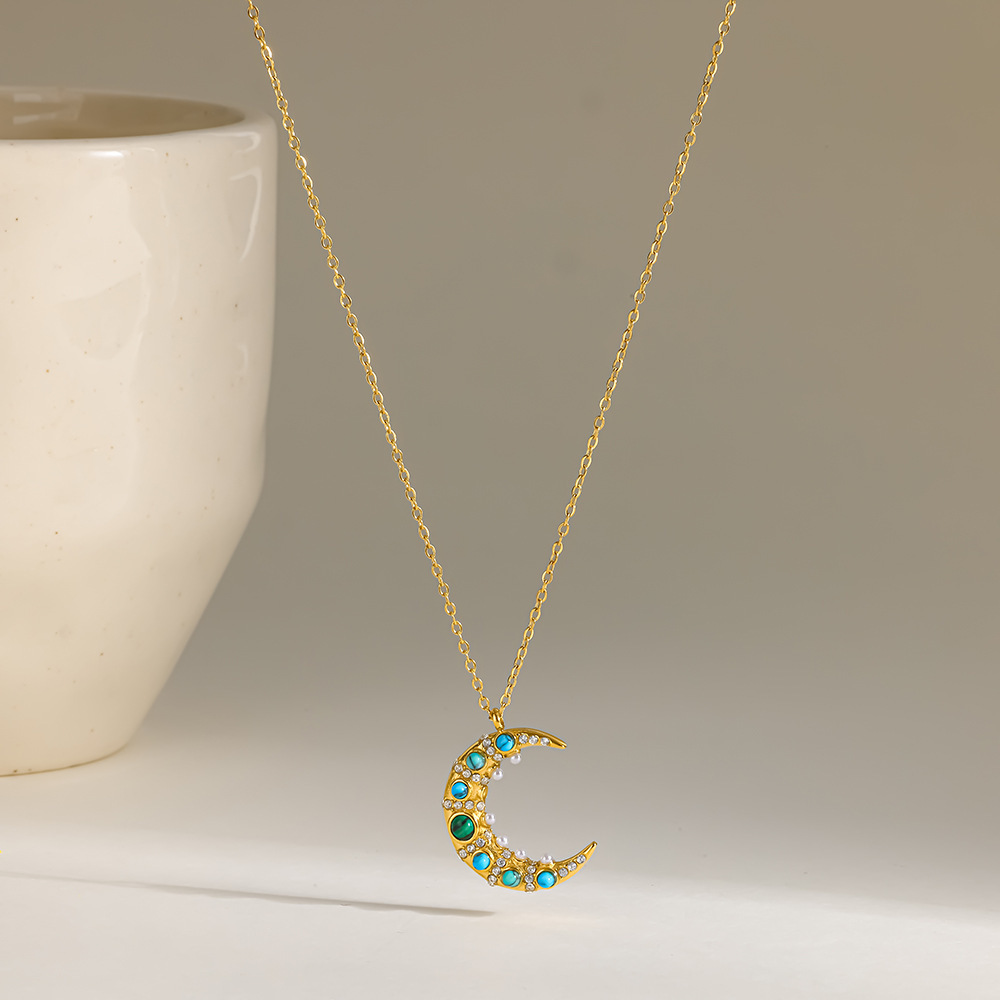 Romantic Series Casual Moon Stainless Steel Waterproof Gold Color Women's Pendant Necklaces h5Picture3