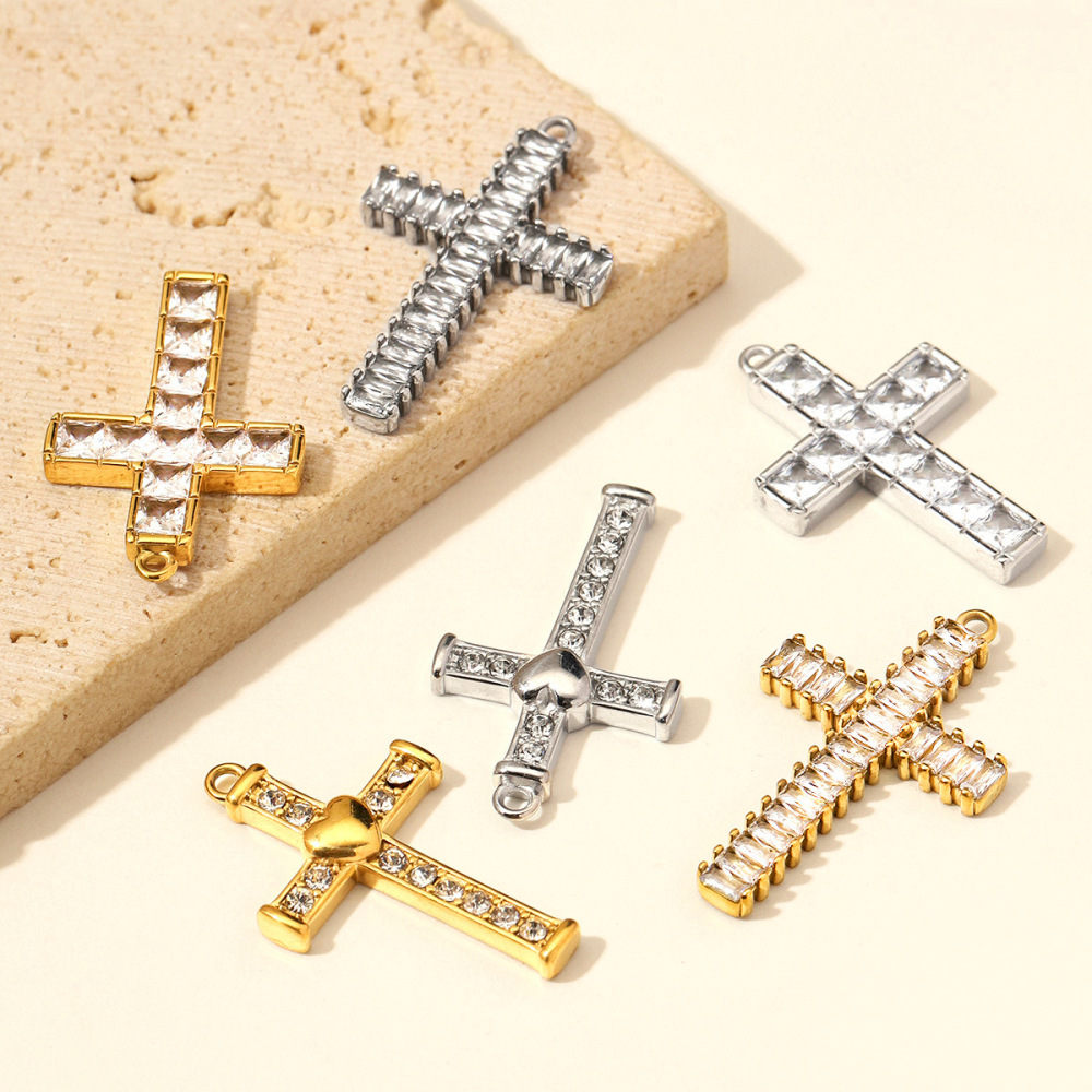 Classic Series Diy Cross Stainless Steel Waterproof   Gold Color  Zircon Women's Pendants Picture2