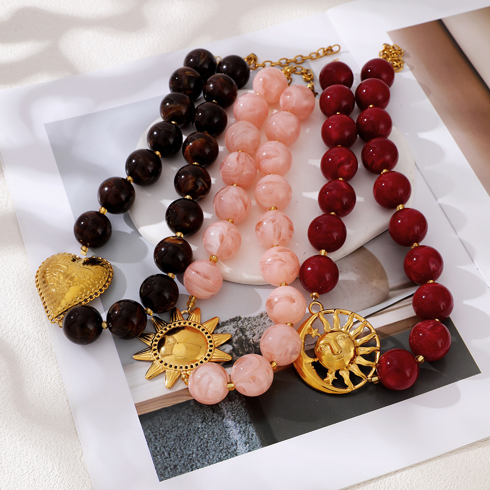 Simple Series Retro Heart Beads Gradient Color Stainless Steel Waterproof   Gold Color  Women's Beaded Necklaces Picture3