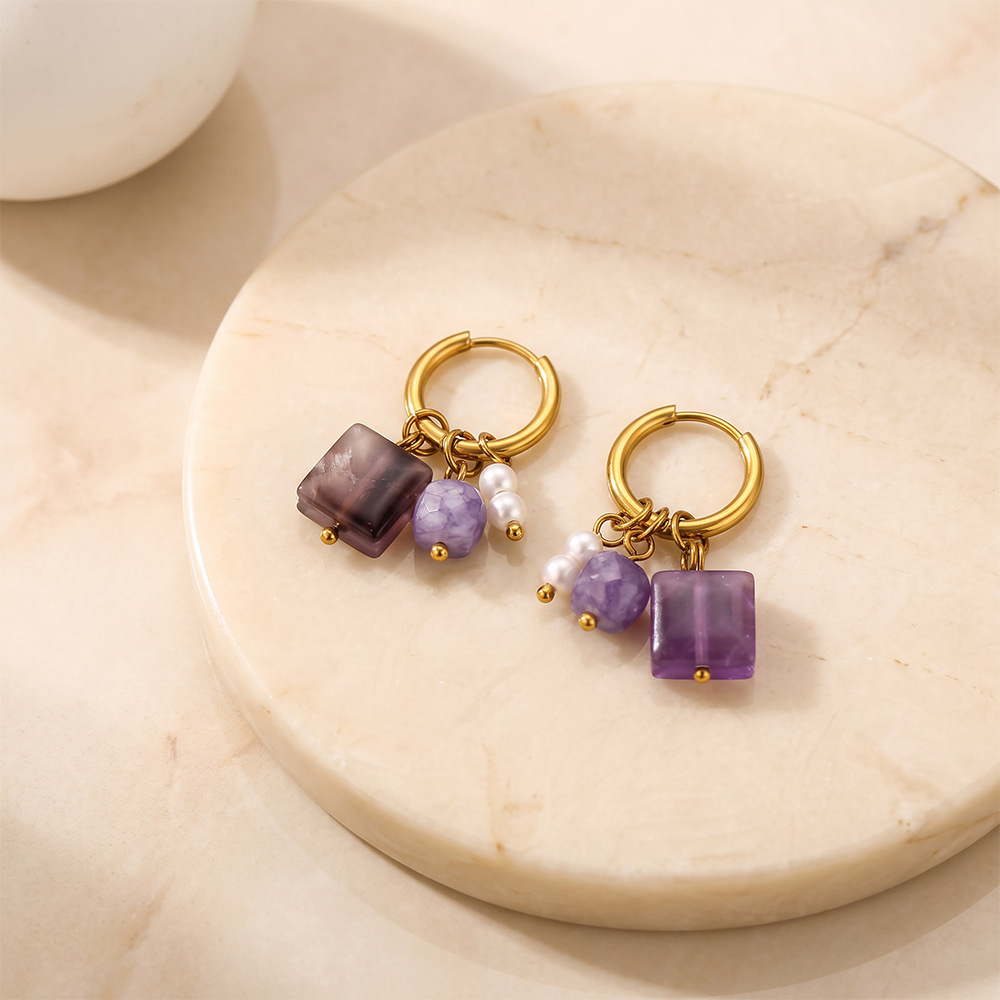 Romantic Series Sweet Beads Rectangle Stainless Steel Waterproof   Gold Color  Natural Stone Women's Drop Earrings Picture4