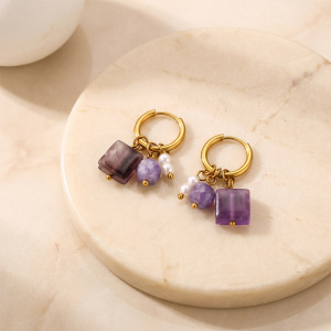 Romantic Series Sweet Beads Rectangle Stainless Steel Waterproof   Gold Color  Natural Stone Women's Drop Earrings h5 Picture4