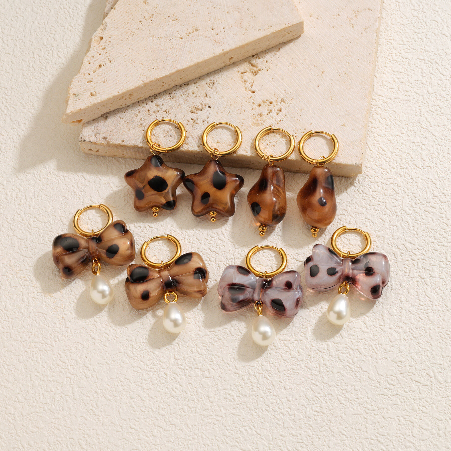 Romantic Series Retro Bow Knot Leopard Print Circle Stainless Steel Waterproof   Gold Color  Women's Drop Earrings