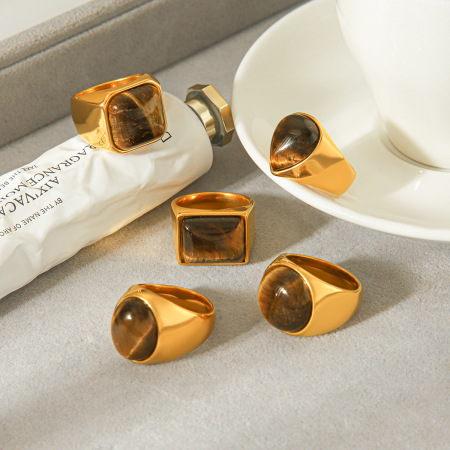 Luxuriöse Serie: Täglicher Tropfen-Kreisring aus Edelstahl, wasserdicht, goldfarben, mit Naturstein 2