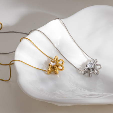 Hollowed-Out Stainless Steel Waterproof Gold Color Zircom Women's Pendant Necklaces