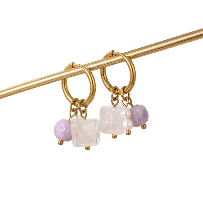 Romantic Series Sweet Beads Rectangle Stainless Steel Waterproof   Gold Color  Natural Stone Women's Drop Earrings Picture5