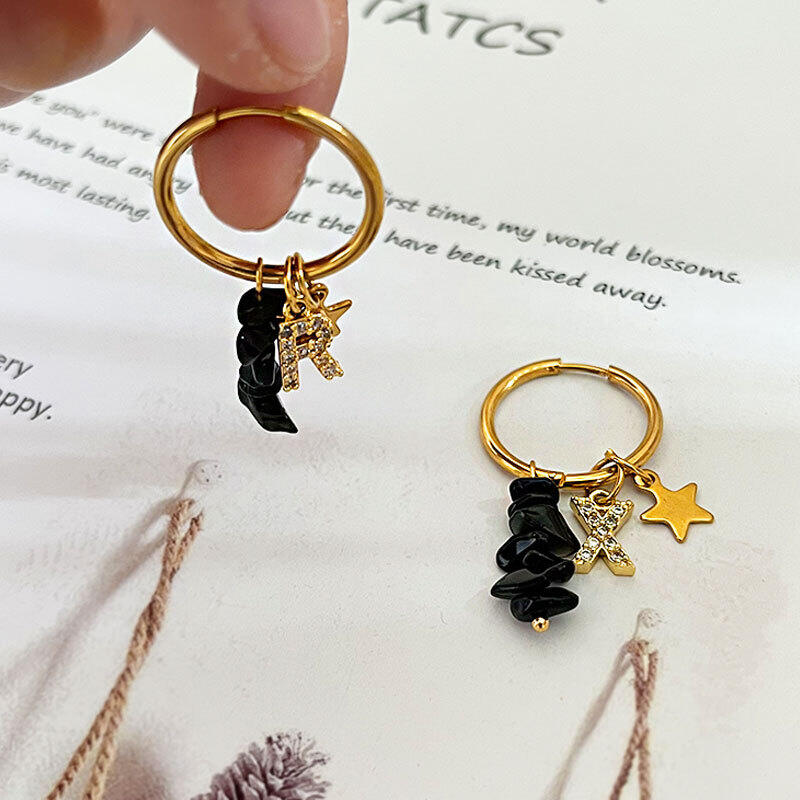 Boucles D'Oreilles Créoles Élégantes Pour Femme, Collection Romantique, Avec Perles En Forme D'Étoile Et Lettres, En Acier Inoxydable Étanche, Couleur Or Et Pierre Naturelle. h5 Image3