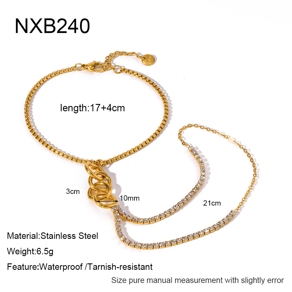 Simple Series Daily Flower Geometric Shape Stainless Steel Waterproof   Gold Color  Zircon Women's Hand Chain 