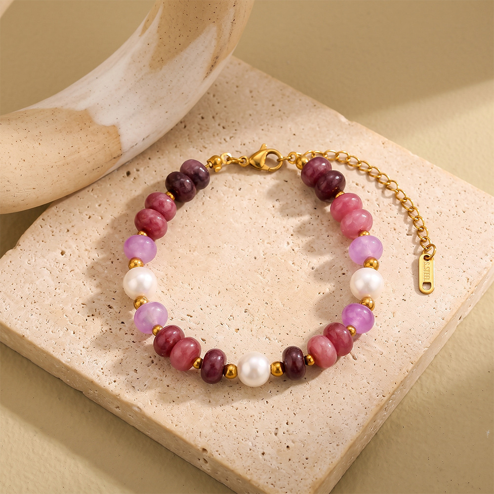 Simple Series Retro Solid Color Mixed Color Natural Stones   Gold Color  Women's Beaded Bracelets Picture2