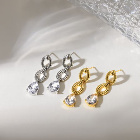 Simple Series Droplet Chain Stainless Steel Waterproof Gold Color Zircon Women's Dangle Earrings 2