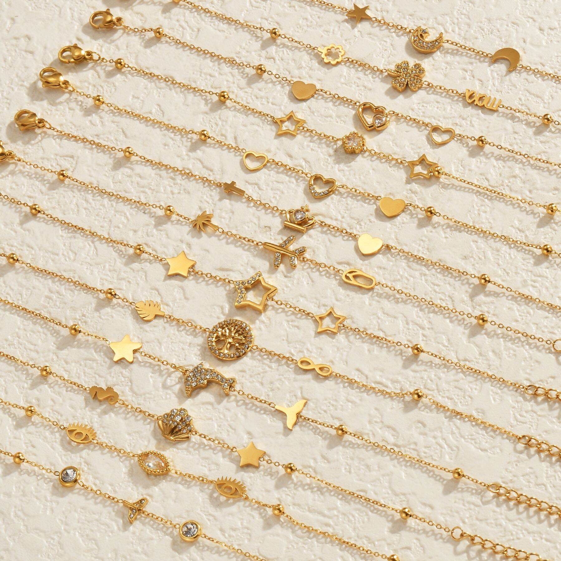 Simple Series Elegant Heart Star Chain Circle Crown Stainless Steel Waterproof   Gold Color  Women's Charm Bracelets