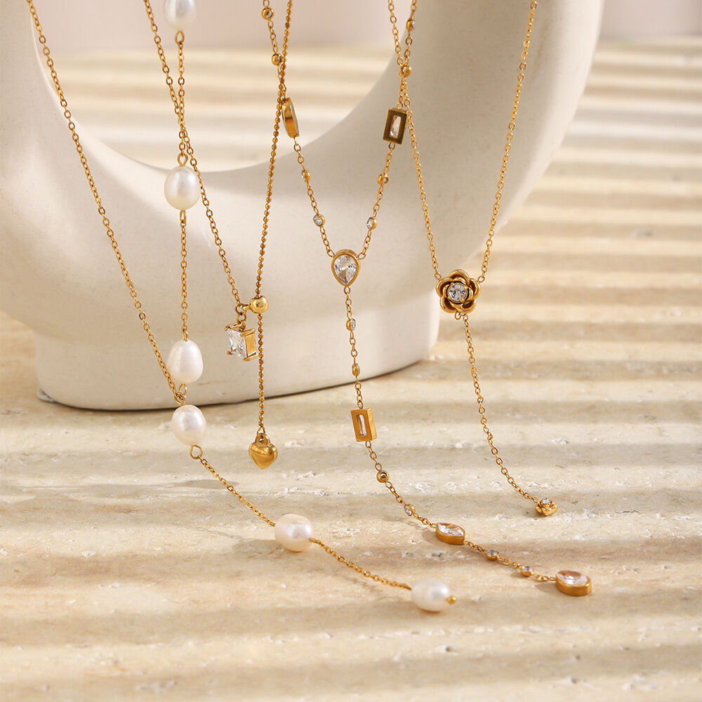 Collares de cadena para mujer de acero inoxidable con circonita dorada, elegantes y con forma de estrella elíptica, resistentes al agua, de la serie Simple. 2
