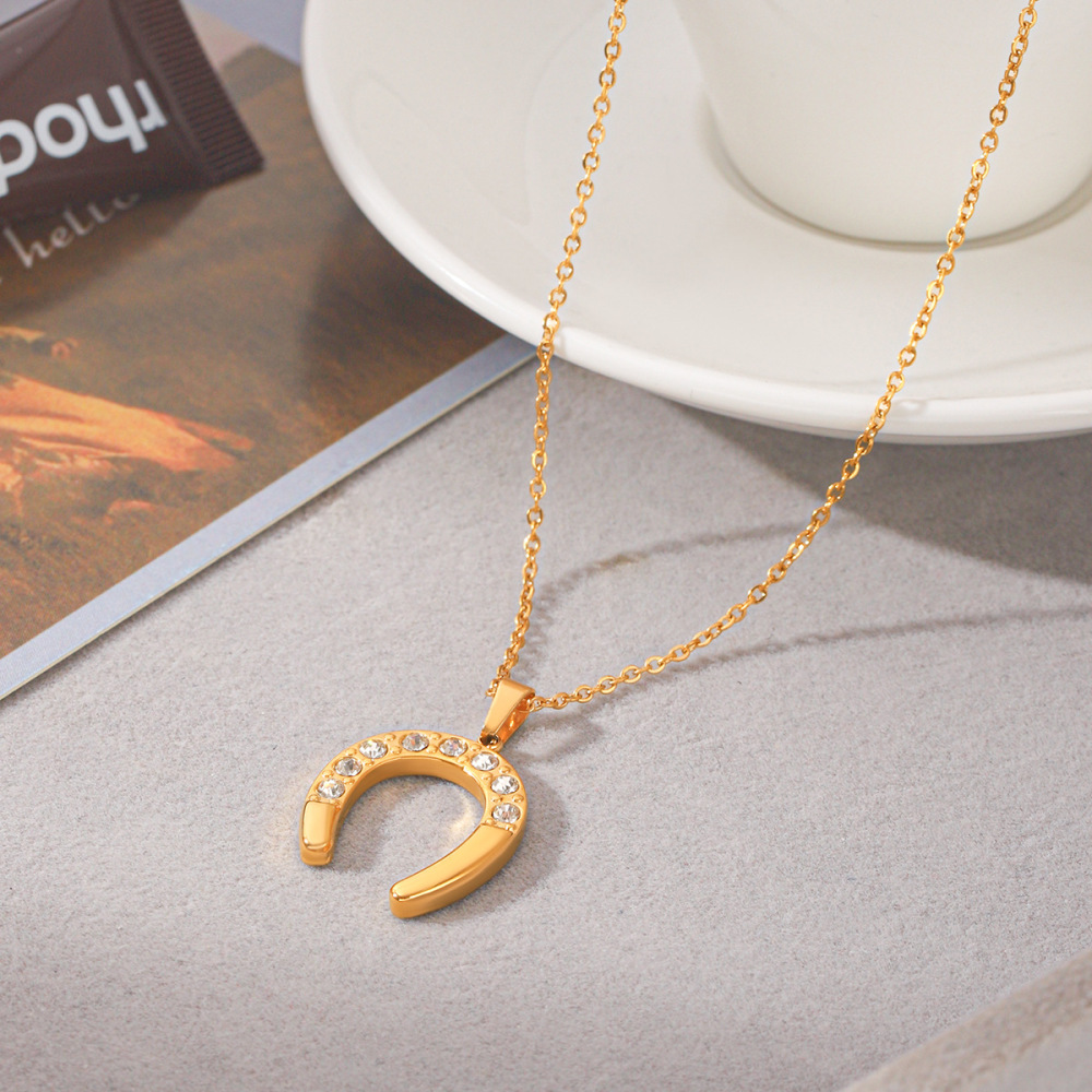 Simple Series Daily Horseshoe-Shaped Stainless Steel Waterproof Gold Color Zircon Women's Pendant Necklaces h5Picture5