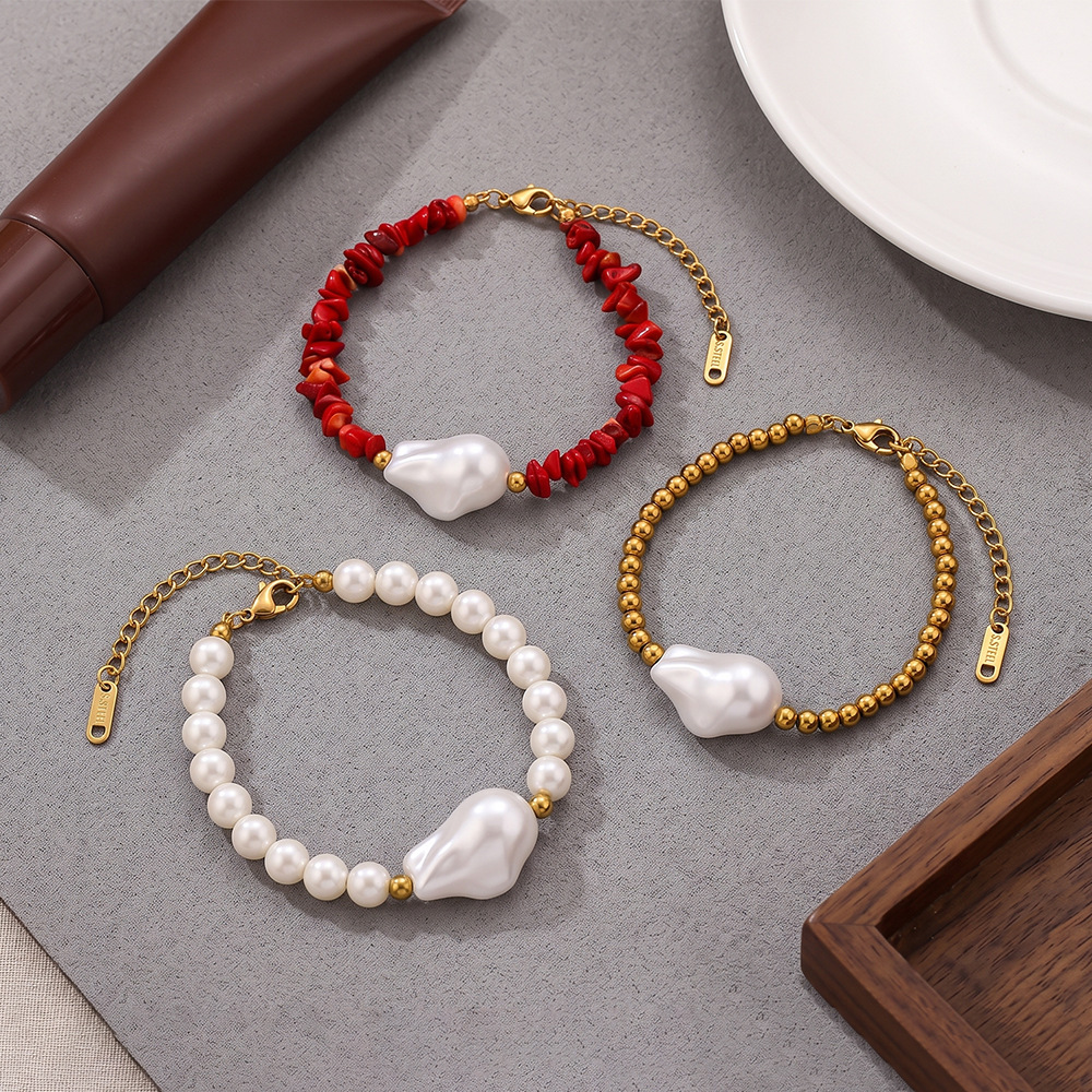 Simple Series Daily Irregular Shape Beads Stainless Steel Waterproof   Gold Color  Women's Beaded Bracelets Picture2