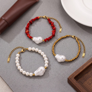 Simple Series Daily Irregular Shape Beads Stainless Steel Waterproof   Gold Color  Women's Beaded Bracelets h5 Picture2