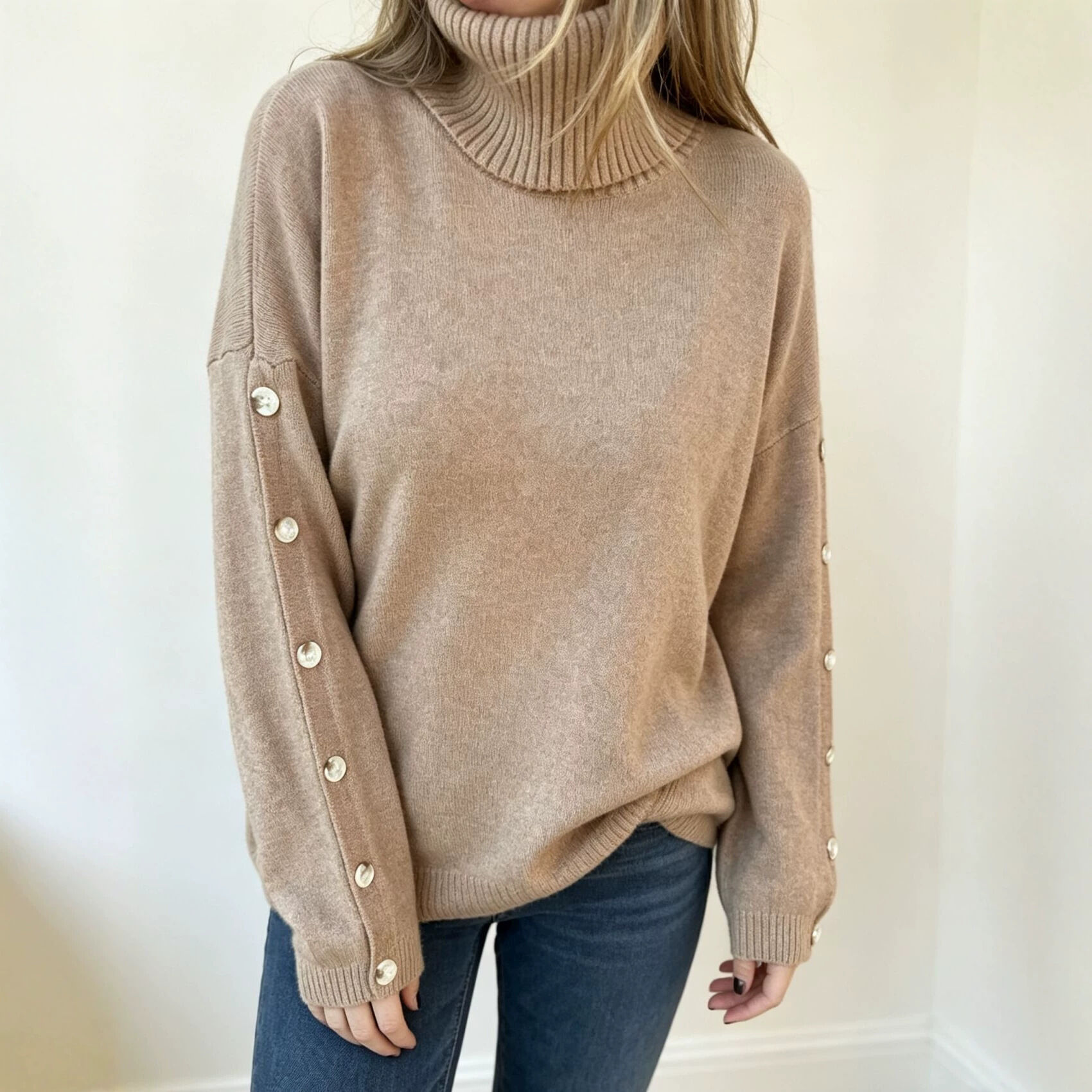 Turtleneck Casual Solid Color Button Loose Fit Acrylic Knitted Jumper