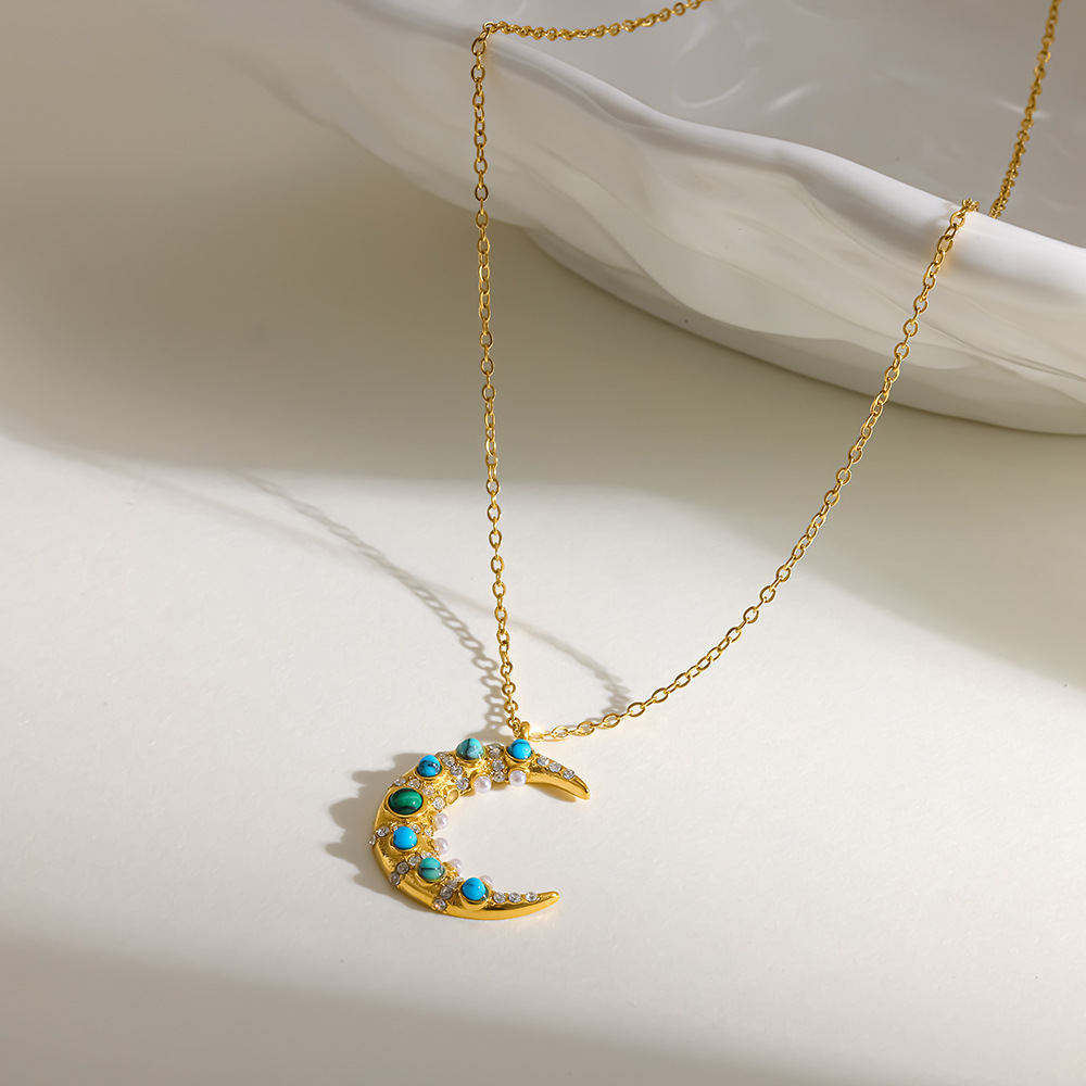 Romantic Series Casual Moon Stainless Steel Waterproof Gold Color Women's Pendant Necklaces h5Picture2