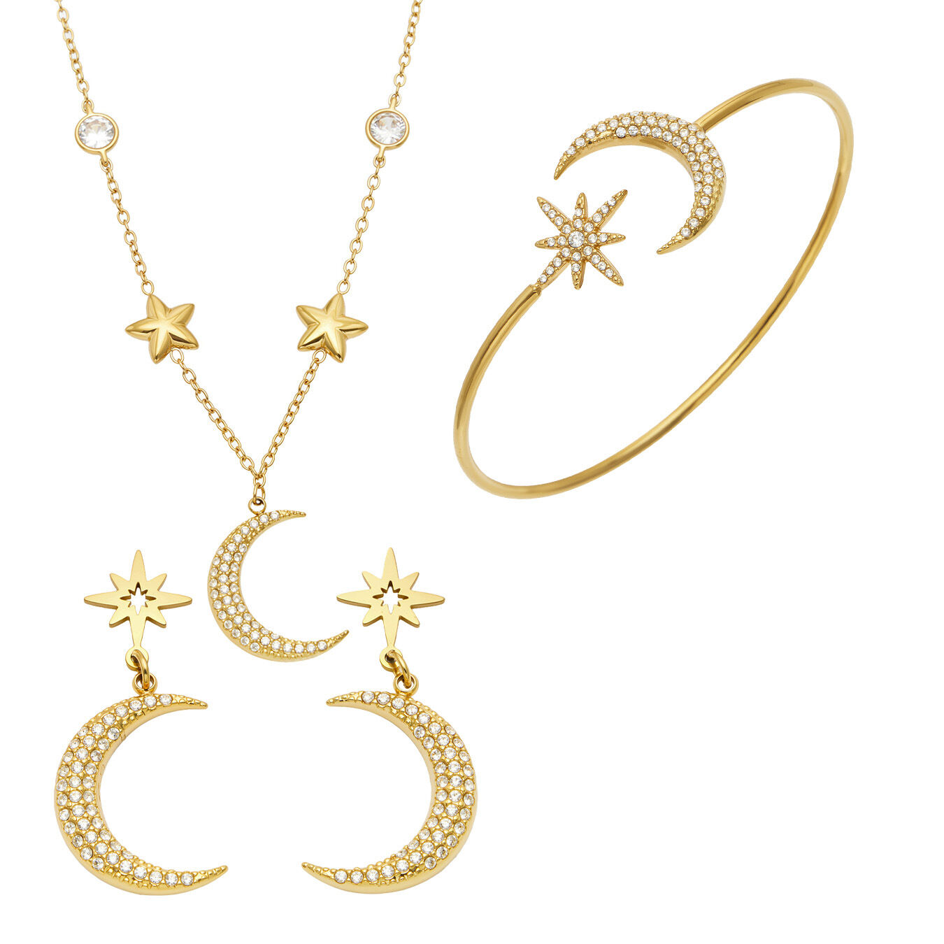 Conjunto De Joyas De Lujo Para Mujer Con Circonitas En Forma De Estrella Y Luna, De Acero Inoxidable, Resistente Al Agua Y Con Forma Irregular Y Diseño Sencillo. Imagen5
