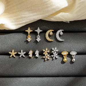 Simple Series  Flower Moon Copper   Gold Color  Zircon Women's Piercing Earrings h5 Picture3