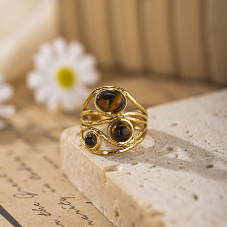 Stainless Steel Waterproof Gold Color Natural Stone Women's Gemstone Rings 2